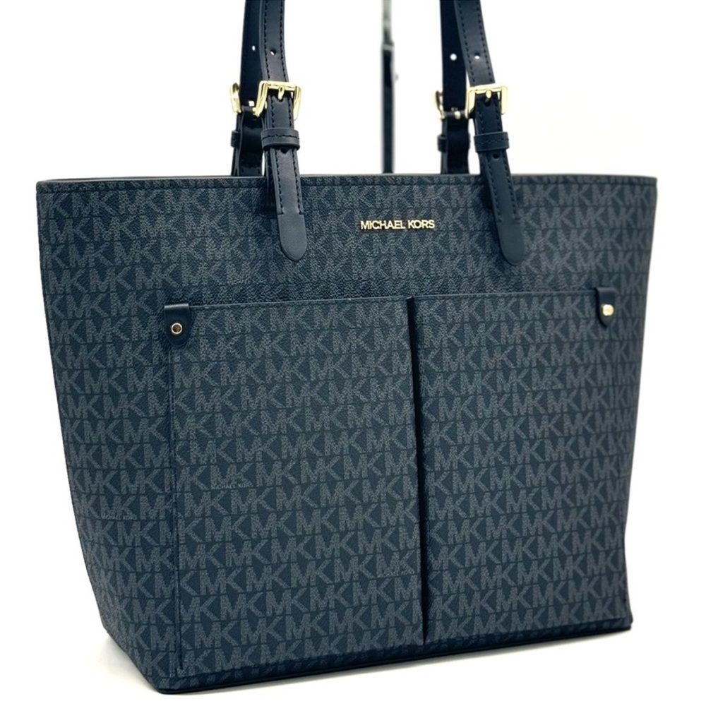 Michael Kors Jet Set Medium Pocket Tote Bag Black Signature